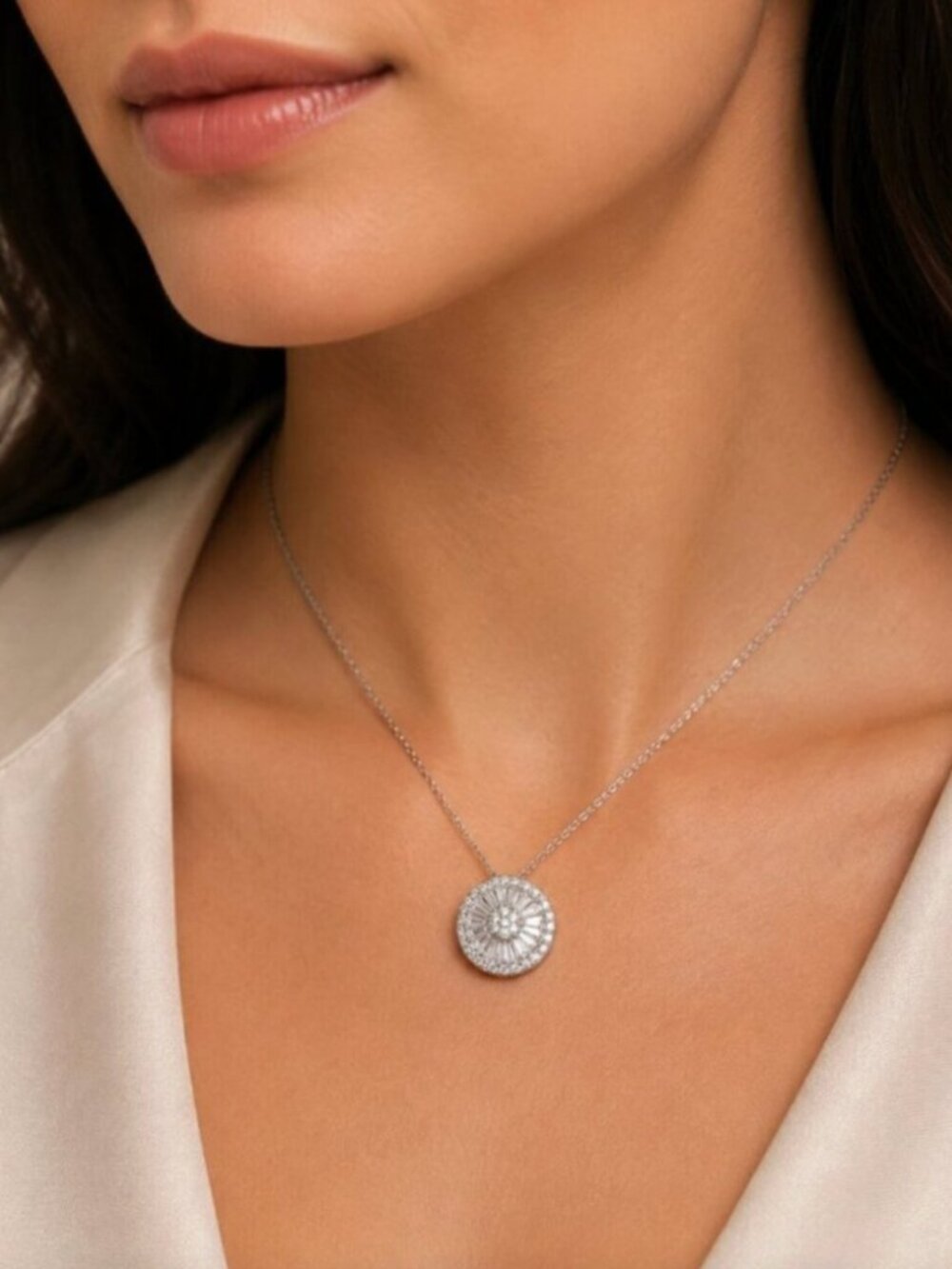 18k White Gold Round Circle Necklace Large Statement Necklace